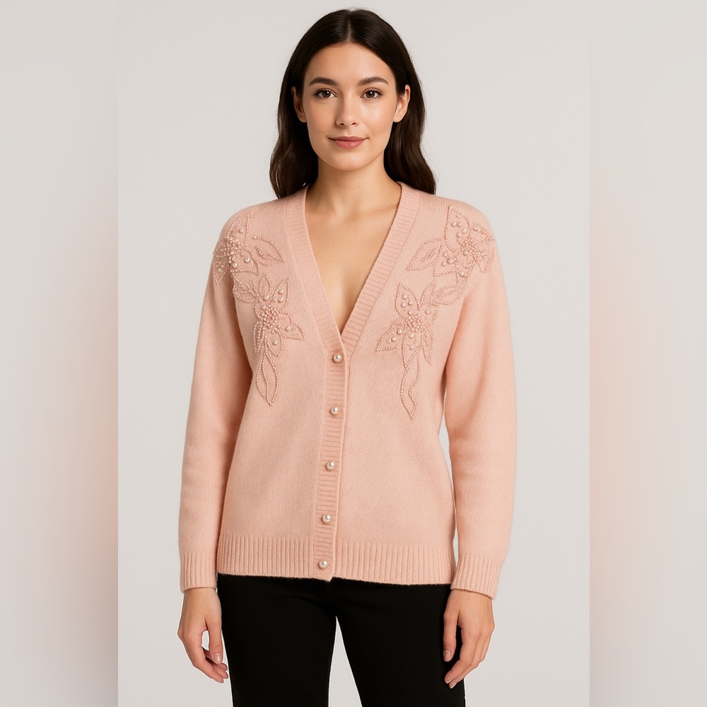 Vintage Work in Progress Silk Angora Pearl Cardigan Sweater M Pink Coquette Twee